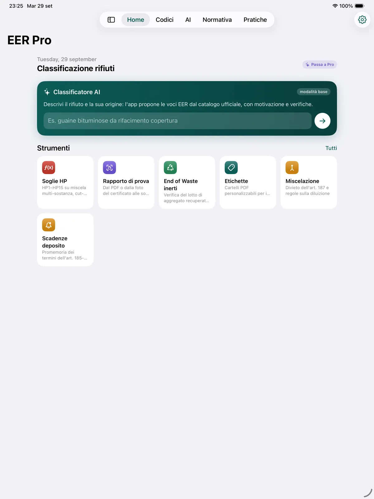 EER Pro su iPad: schermata Home