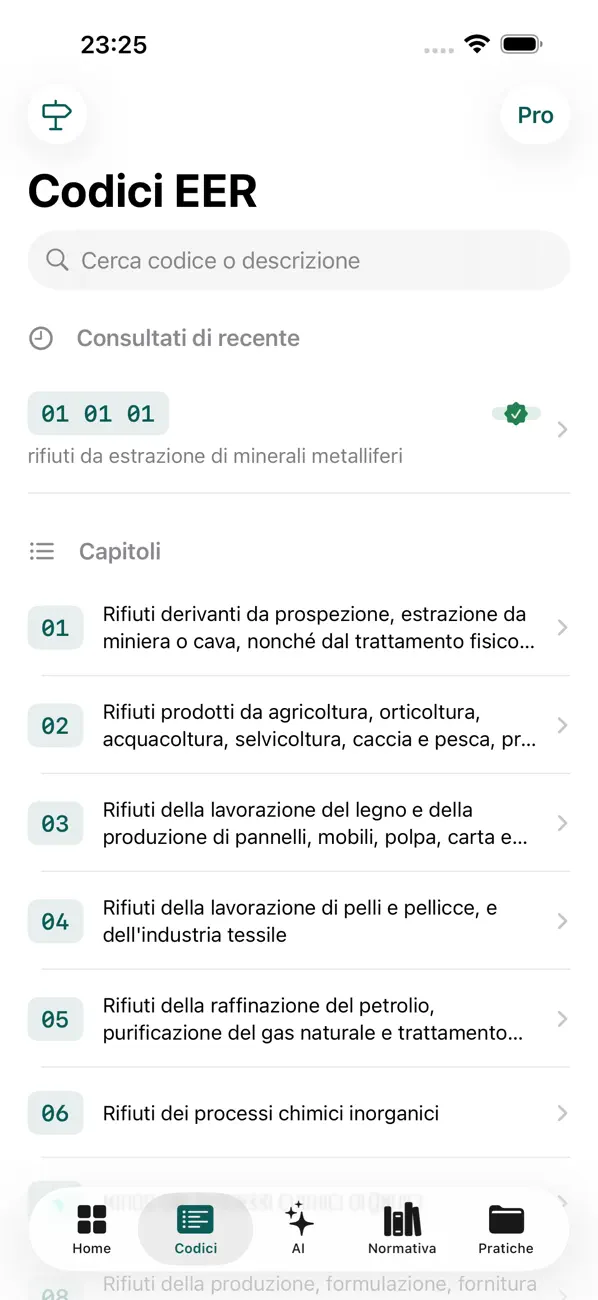 Schermata Codici EER: ricerca per codice o descrizione e capitoli dell'elenco europeo dei rifiuti