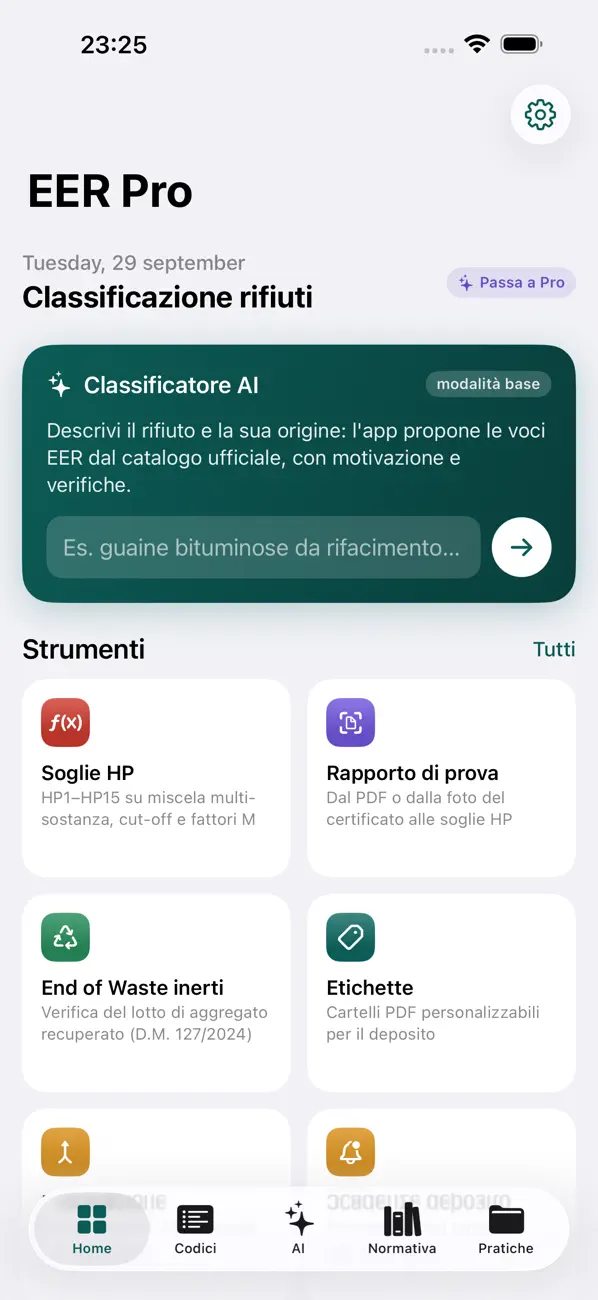 Schermata Home di EER Pro con il Classificatore AI e gli strumenti Soglie HP, Rapporto di prova, End of Waste ed Etichette