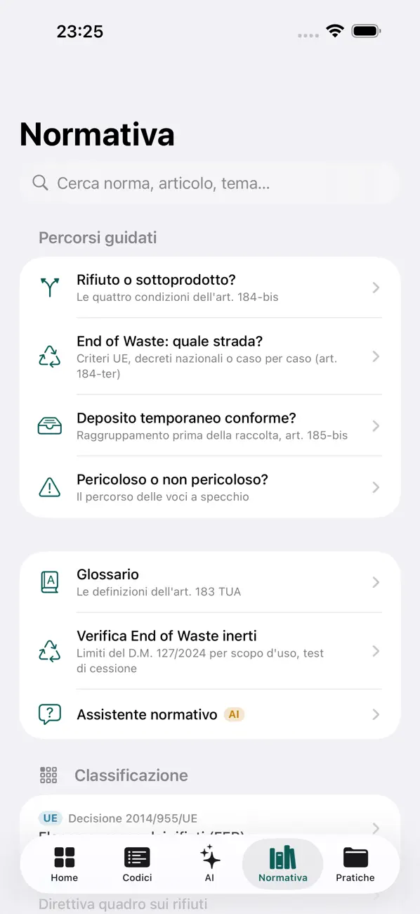 Schermata Normativa con percorsi guidati: rifiuto o sottoprodotto, End of Waste, deposito temporaneo, pericoloso o non pericoloso